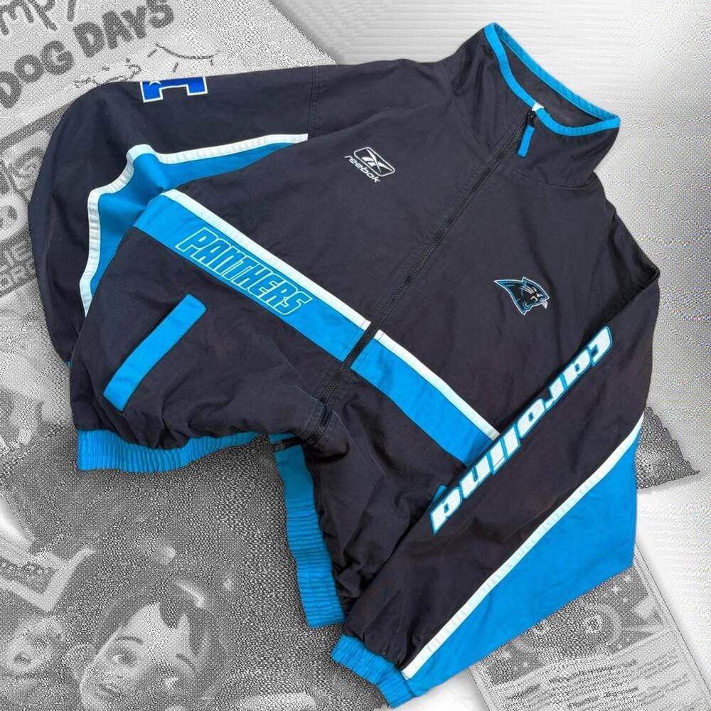 Y2K Black & Blue Reebok NFL Carolina Panthers Graphic Zip Up Bomber Jacket